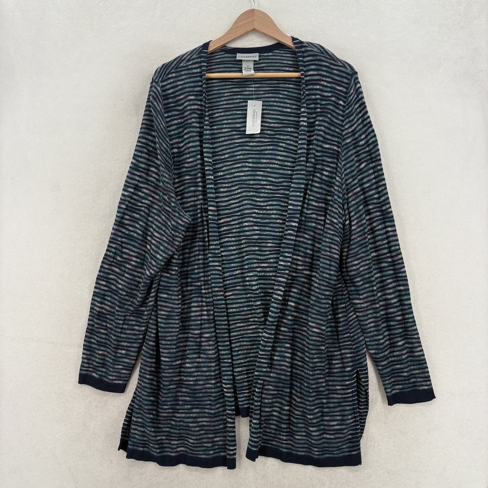 Catherines Cardigan Womens 1X Blue Striped Open Front Lightweight Knit Soft NWT